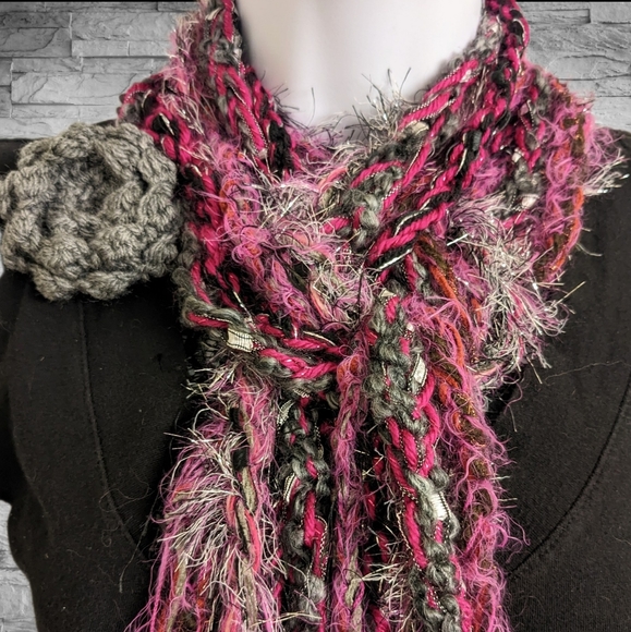 Hand Crafted Accessories - Handmade Scarf & Flower Pin - Black Grey Dark Pink Fringe Boho Chunky Funky 😍